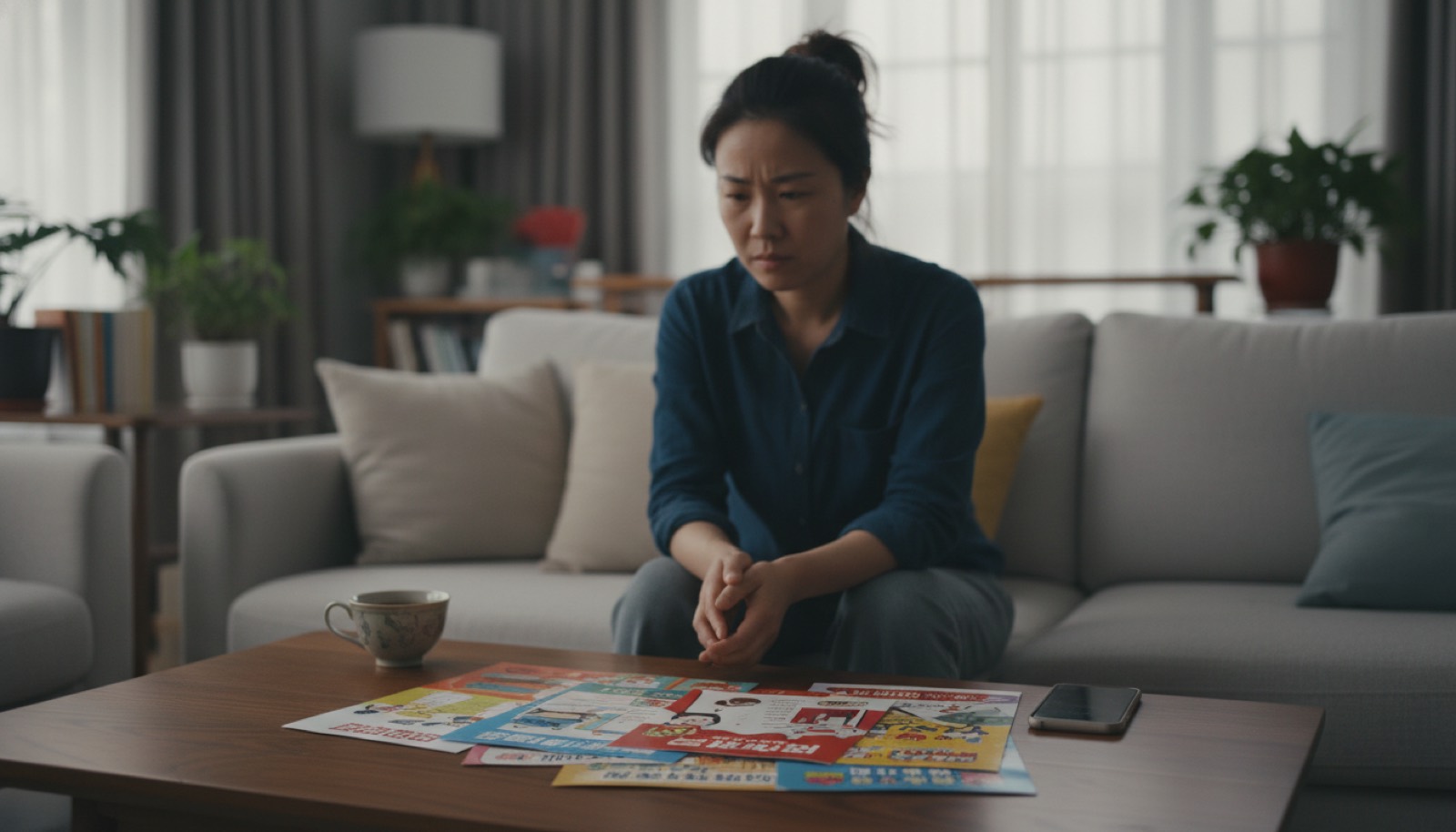 傍晚客厅茶几堆兴趣班宣传单妈妈坐沙发翻看