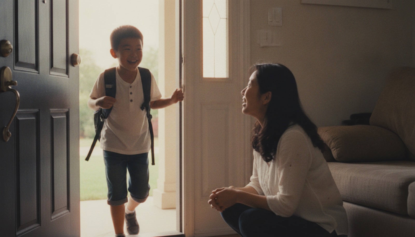 放学后客厅门口孩子背着书包开心跟蹲下的妈妈说话