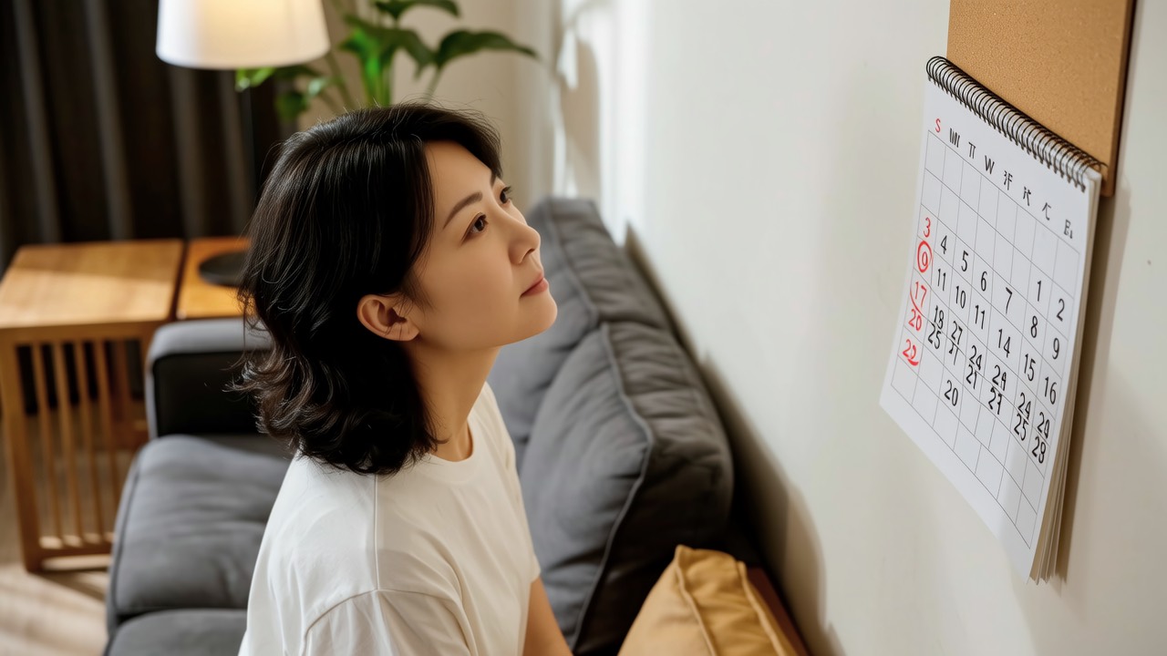 夜晚客厅妈妈抬头看着圈红的复诊日历出神