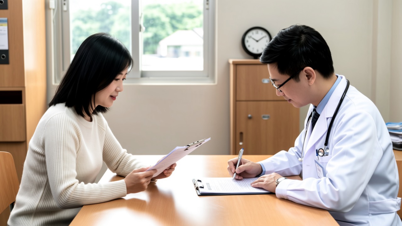 诊室妈妈对照清单向认真记录的医生汇报