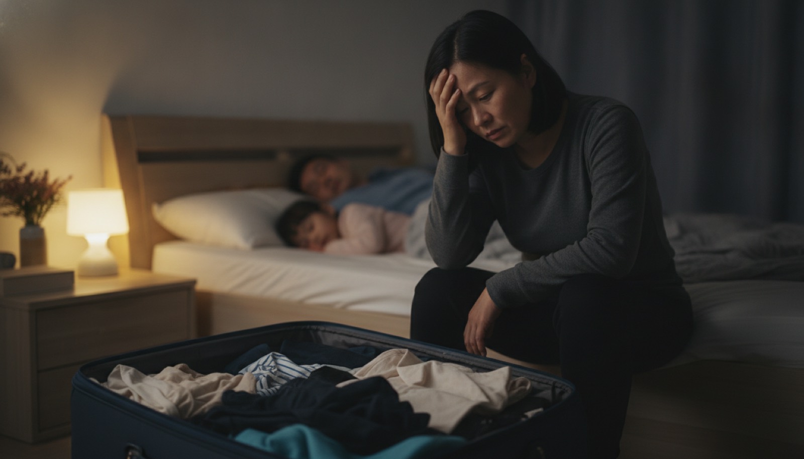 夜晚卧室妈妈对着行李箱发愁手扶额头焦虑