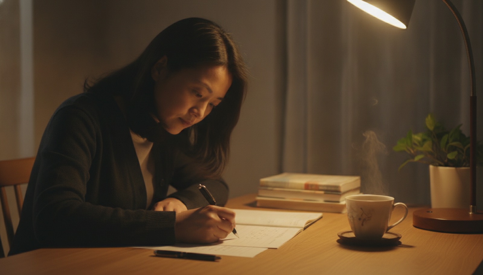 夜晚书桌妈妈在纸上写孩子症状时间线旁边一杯茶