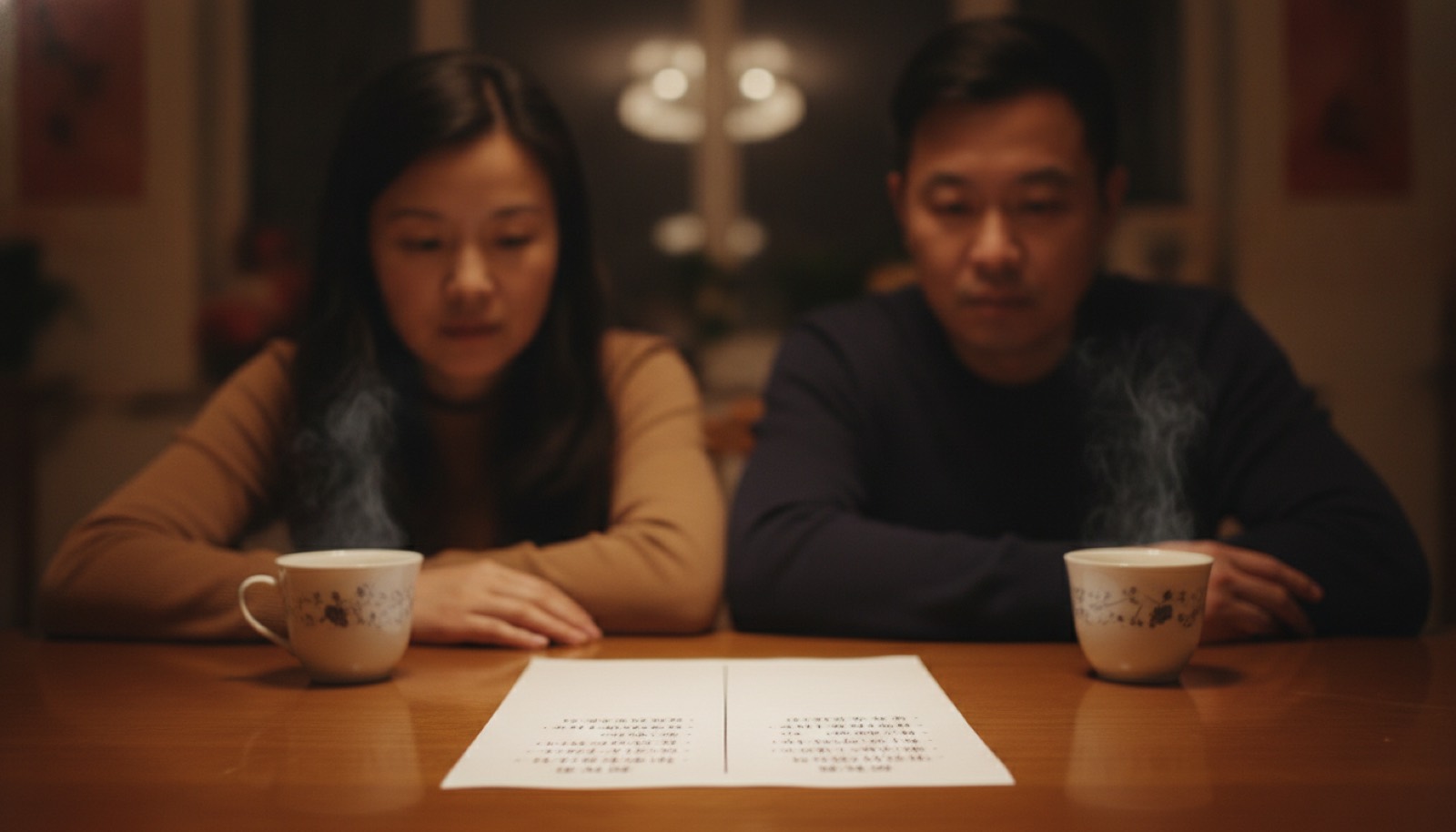 夜晚餐桌夫妻并排坐列请假与不请的对照