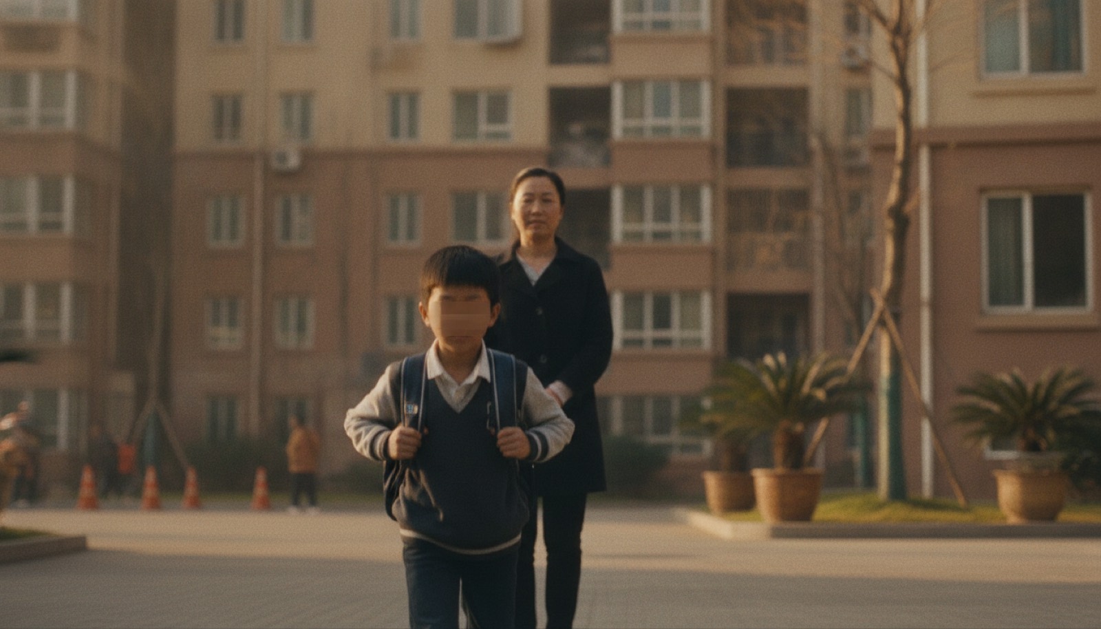 清晨楼下妈妈平静目送背书包走向校门的孩子