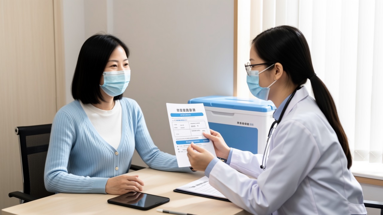 社区接种门诊医生耐心解释妈妈拿着写孩子情况的纸