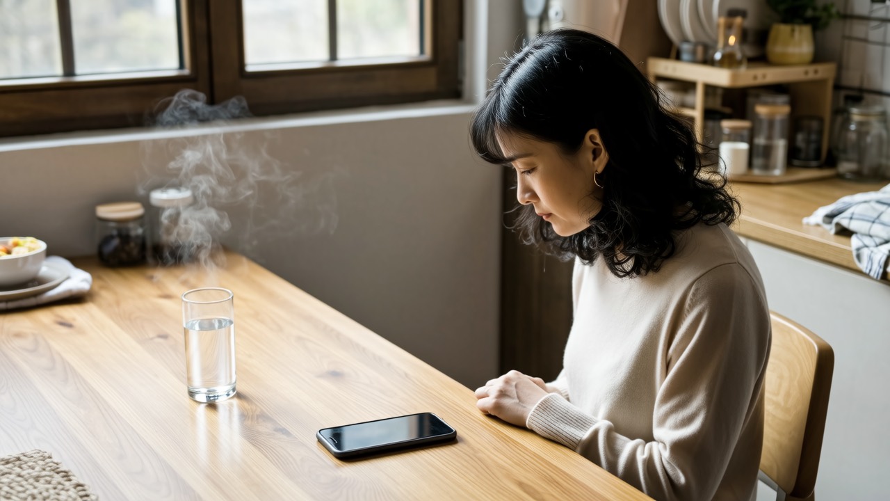 秋天早晨妈妈拿着手机看接种通知神情犹豫思索
