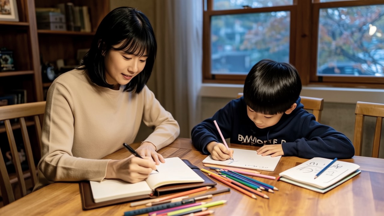 傍晚书桌妈妈在本子上记录旁边孩子安静画画