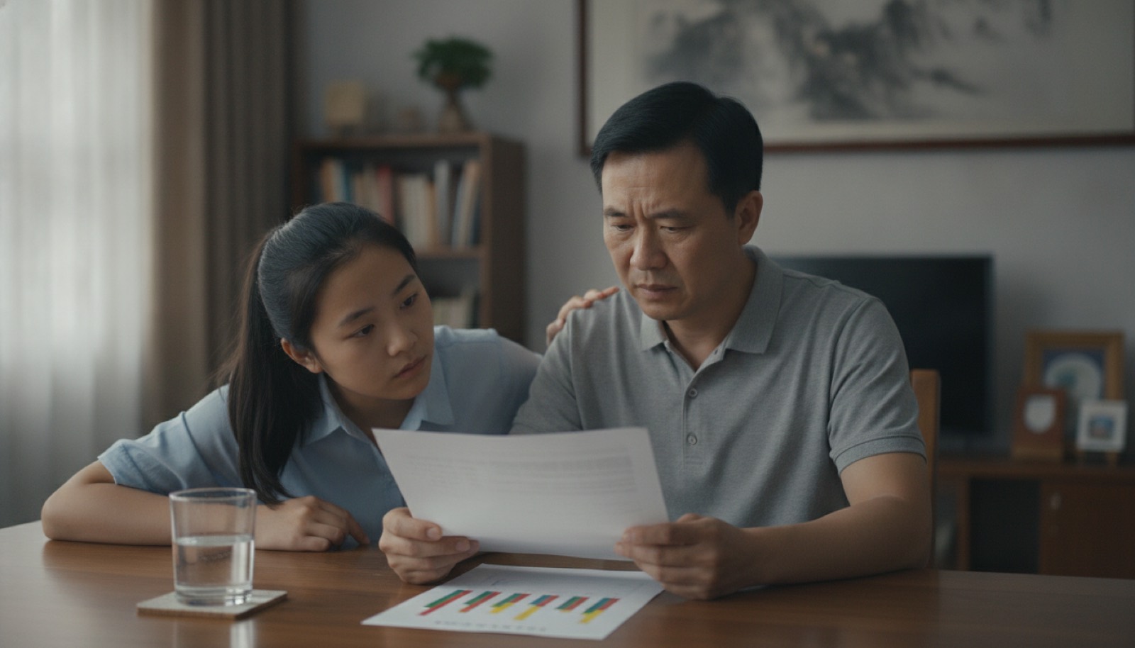 书桌上一张标着红黄绿的检查报告单和一杯水,光线柔和,氛围有点紧张