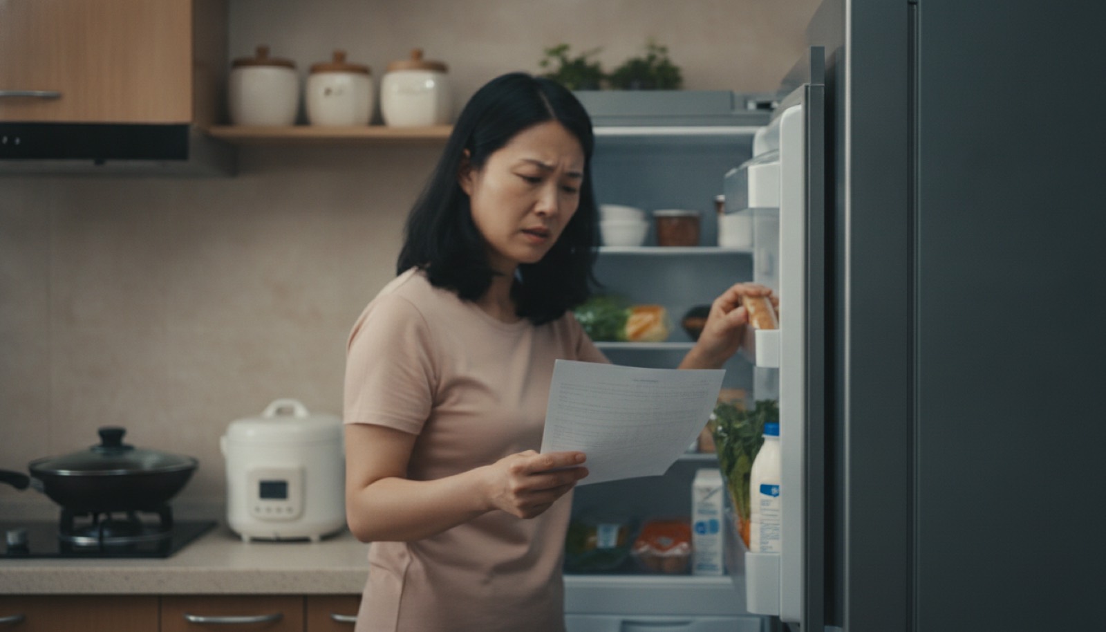 厨房妈妈站冰箱前一手拿报告单一手要拿出食物神情焦虑