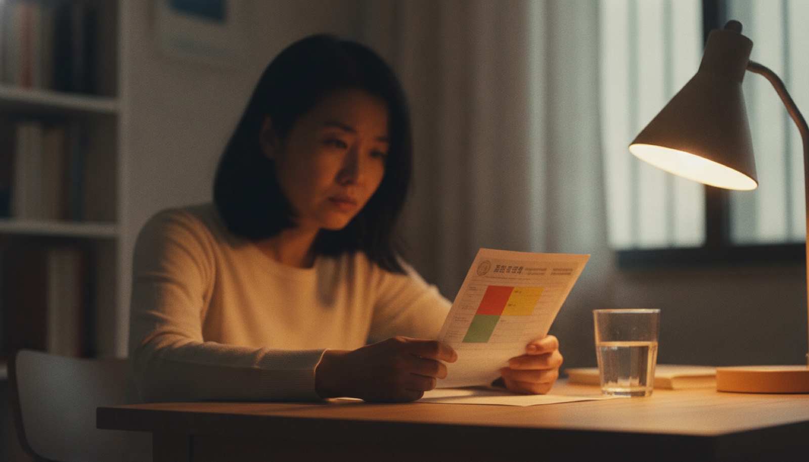 书桌前妈妈拿着标红黄绿的报告单盯着看神情紧张