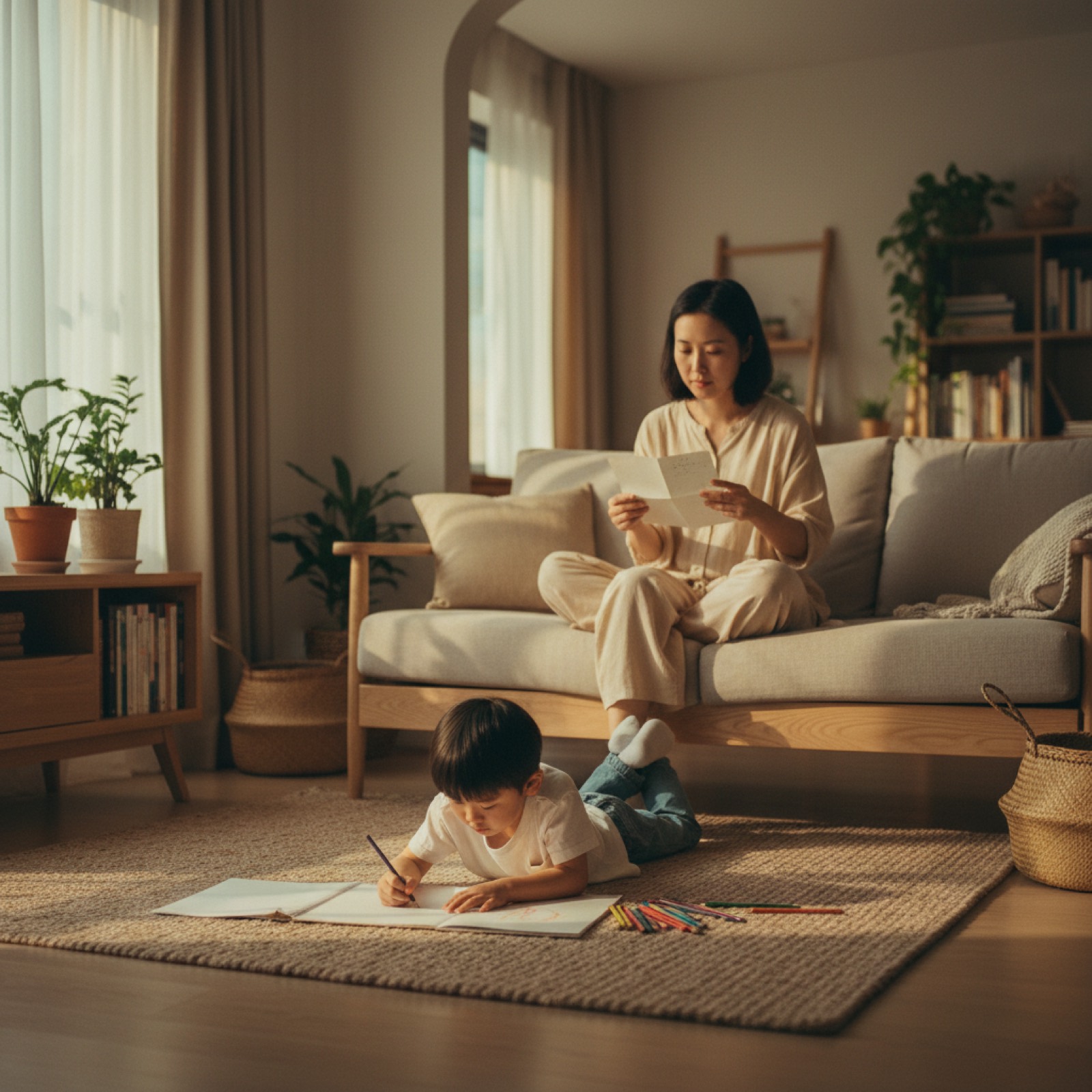 傍晚客厅妈妈坐沙发读笔记孩子在地毯上画画
