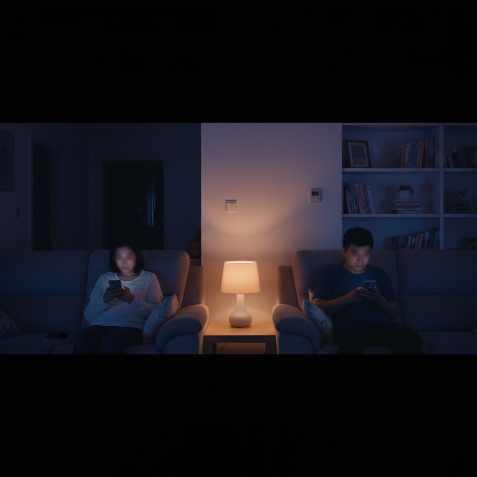 夜晚客厅夫妻分坐沙发两端各自看手机