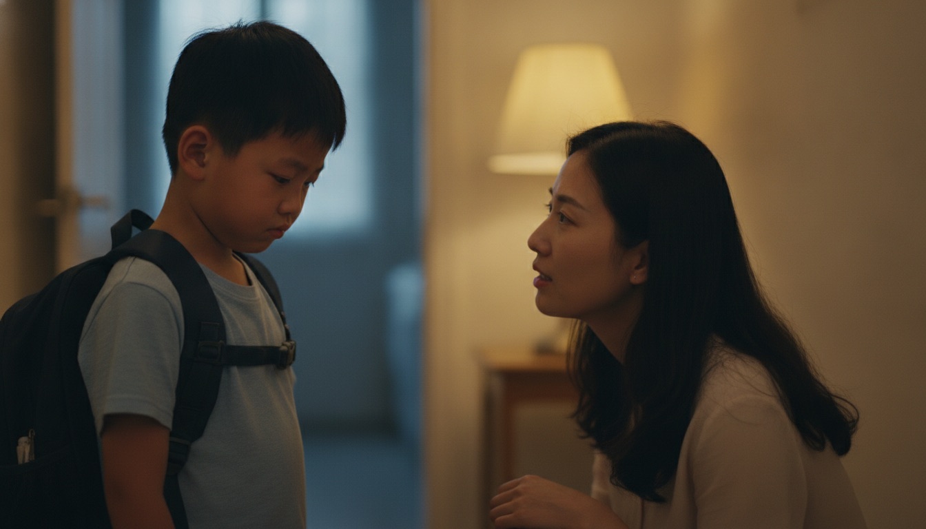 傍晚家门口男孩背书包低头眼圈红妈妈半蹲平视听他说话