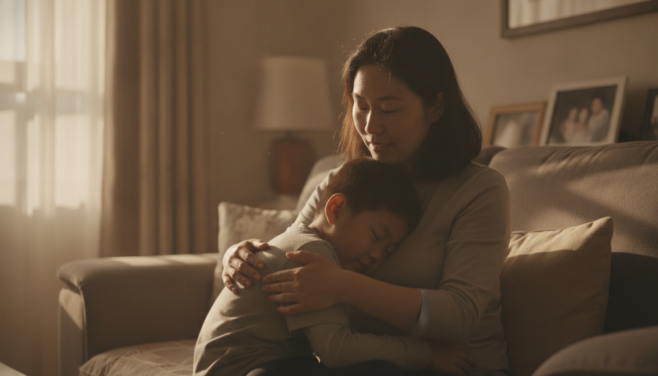 傍晚沙发上妈妈把男孩搂进怀里轻拍他的背