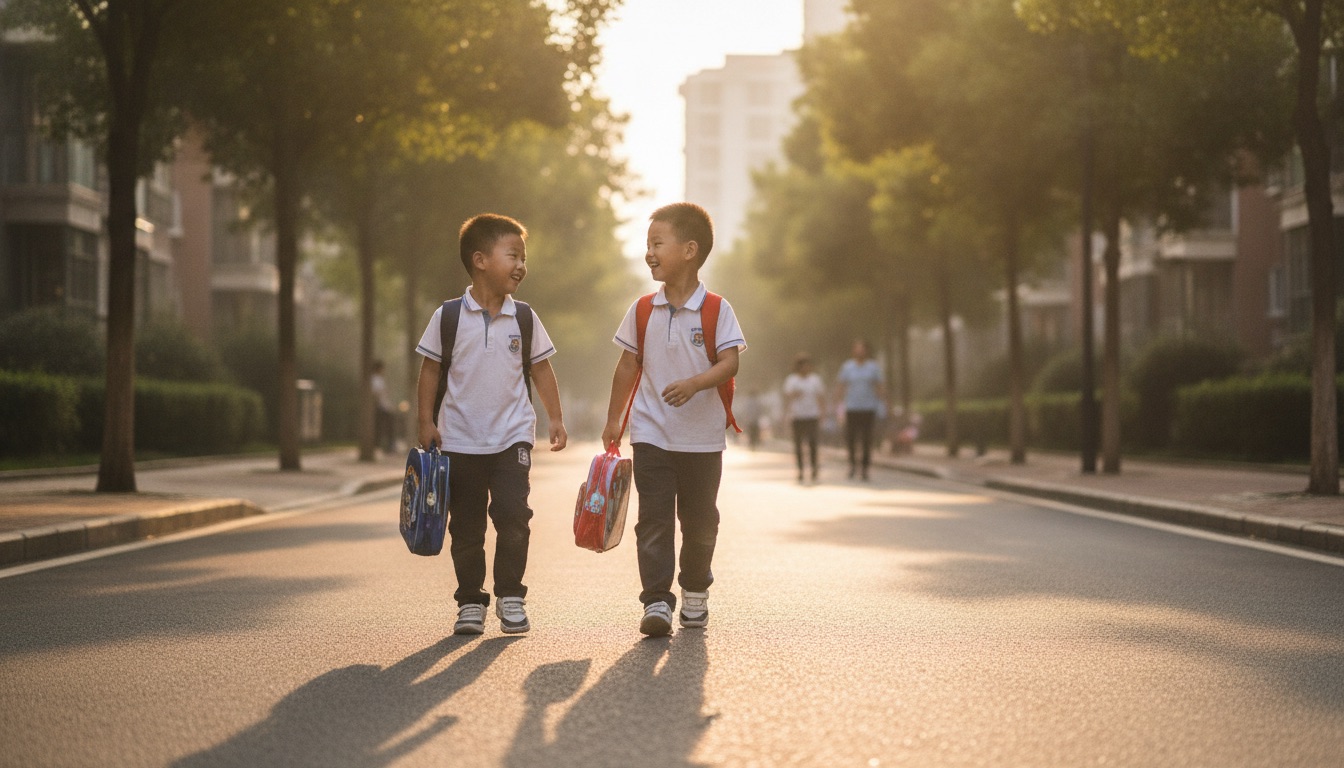 放学傍晚两个男孩并肩走着说笑影子被夕阳拉长