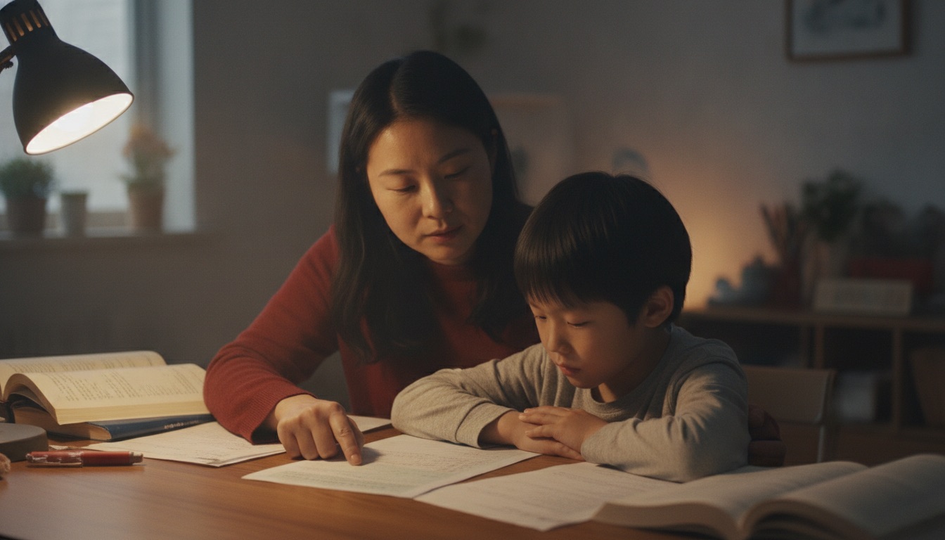 傍晚书桌前妈妈坐在孩子身旁一起看一张成绩单神情平静没有责备孩子低着头
