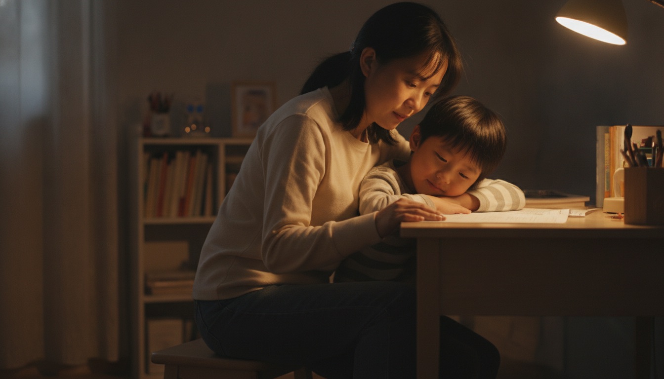 书桌前妈妈挨着孩子并排坐一起看试卷手放孩子背上神情平静孩子放松下来