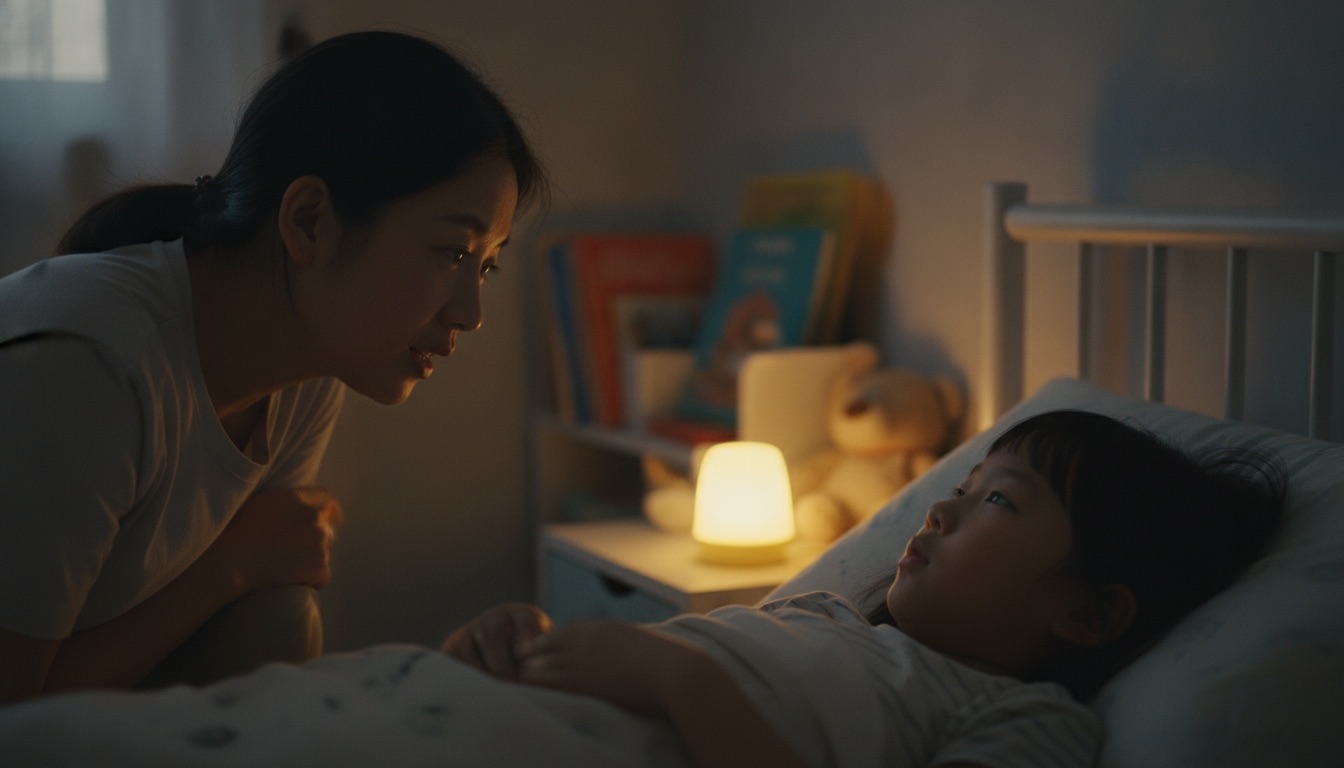 夜晚小夜灯下妈妈坐床边前倾看着孩子认真温柔说话孩子失落慢慢变安心