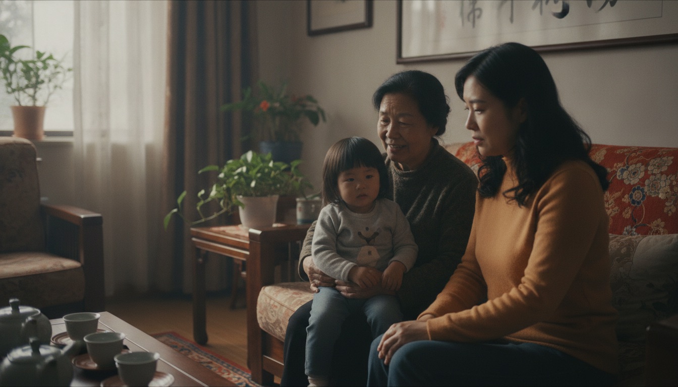 温暖的中国家庭客厅里，奶奶、妈妈和孩子坐在一起，三代人氛围亲近但妈妈神情里带着一点心事