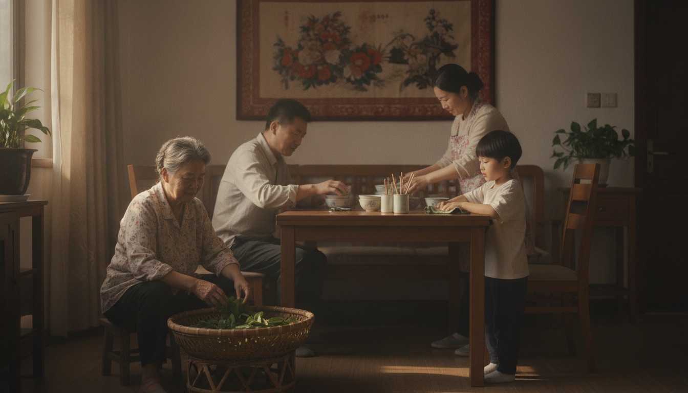 傍晚客厅里奶奶爸爸妈妈和孩子一起择菜摆碗筷方向一致气氛松弛