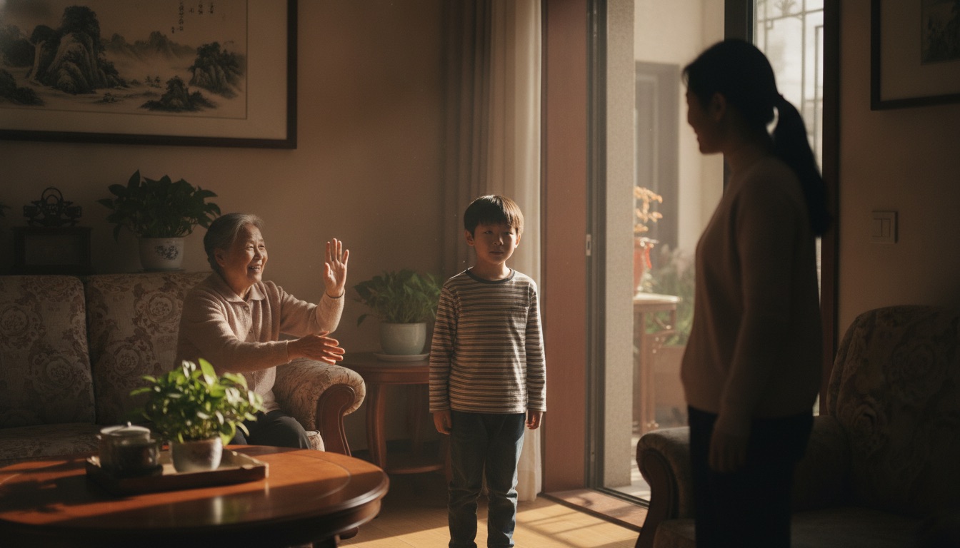 客厅里孩子站在中间一边奶奶招手一边妈妈在门口夹在两个方向之间