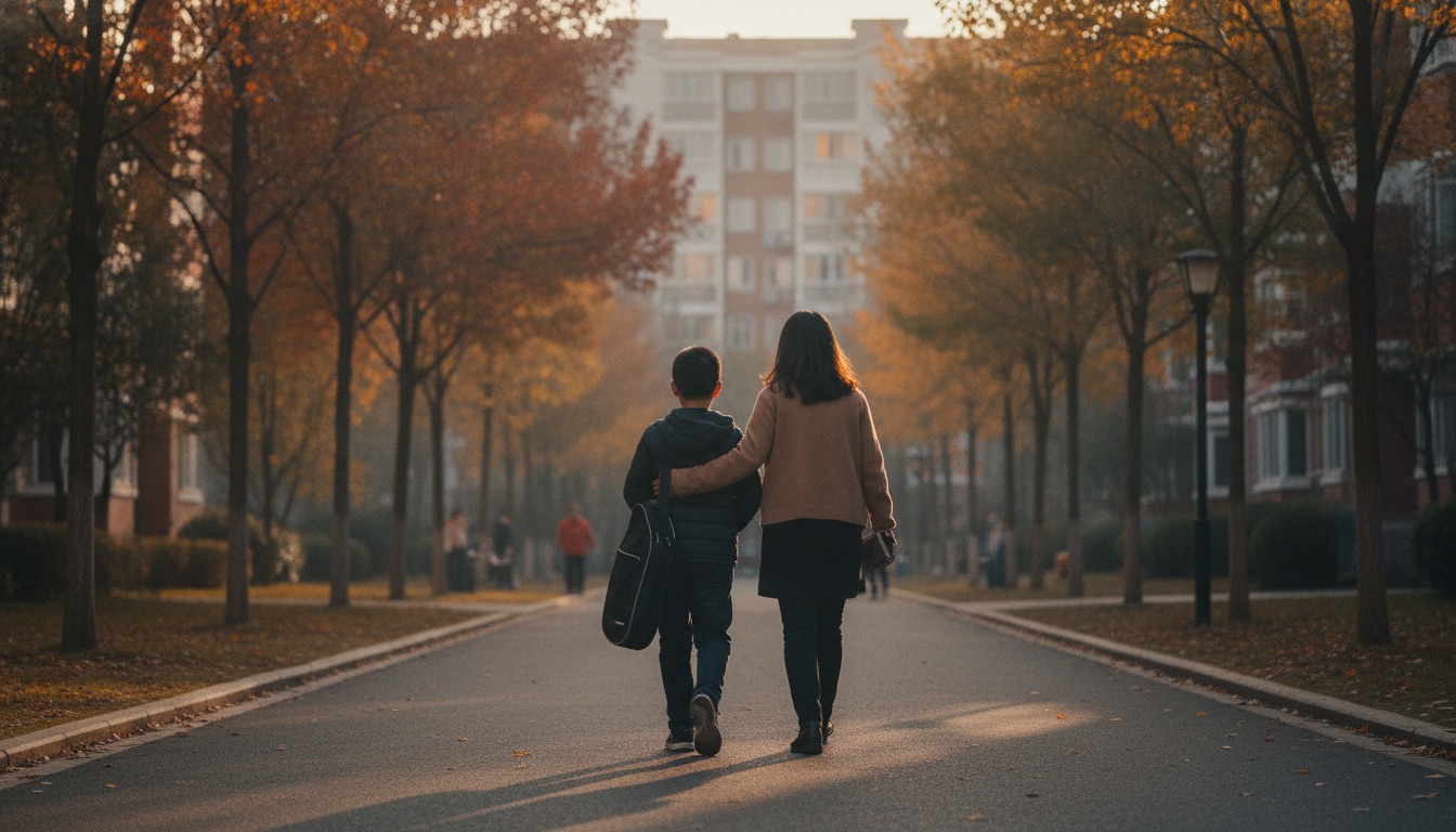 秋日傍晚小区楼下,7-9 岁中国男孩背着琴袋和妈妈并肩慢走的远景背影,暖光柔和