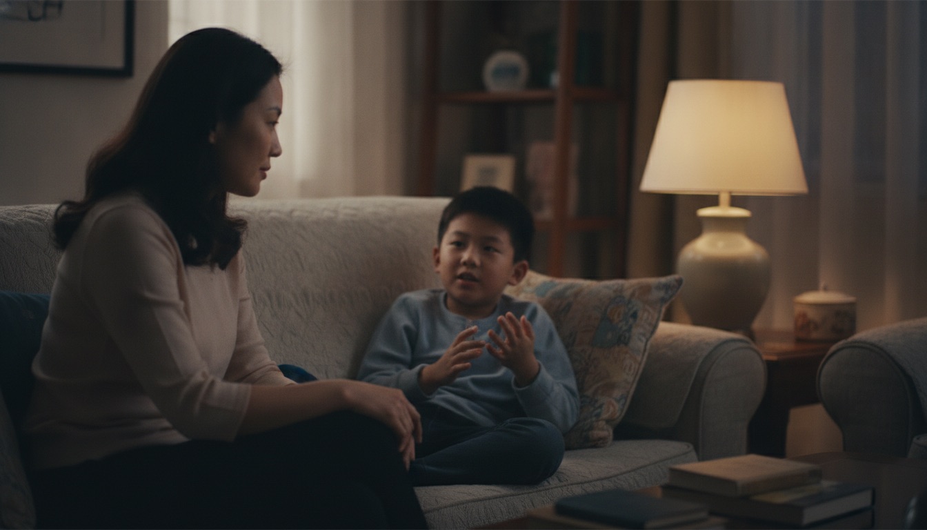 夜晚客厅沙发妈妈侧身倾听男孩靠着说话