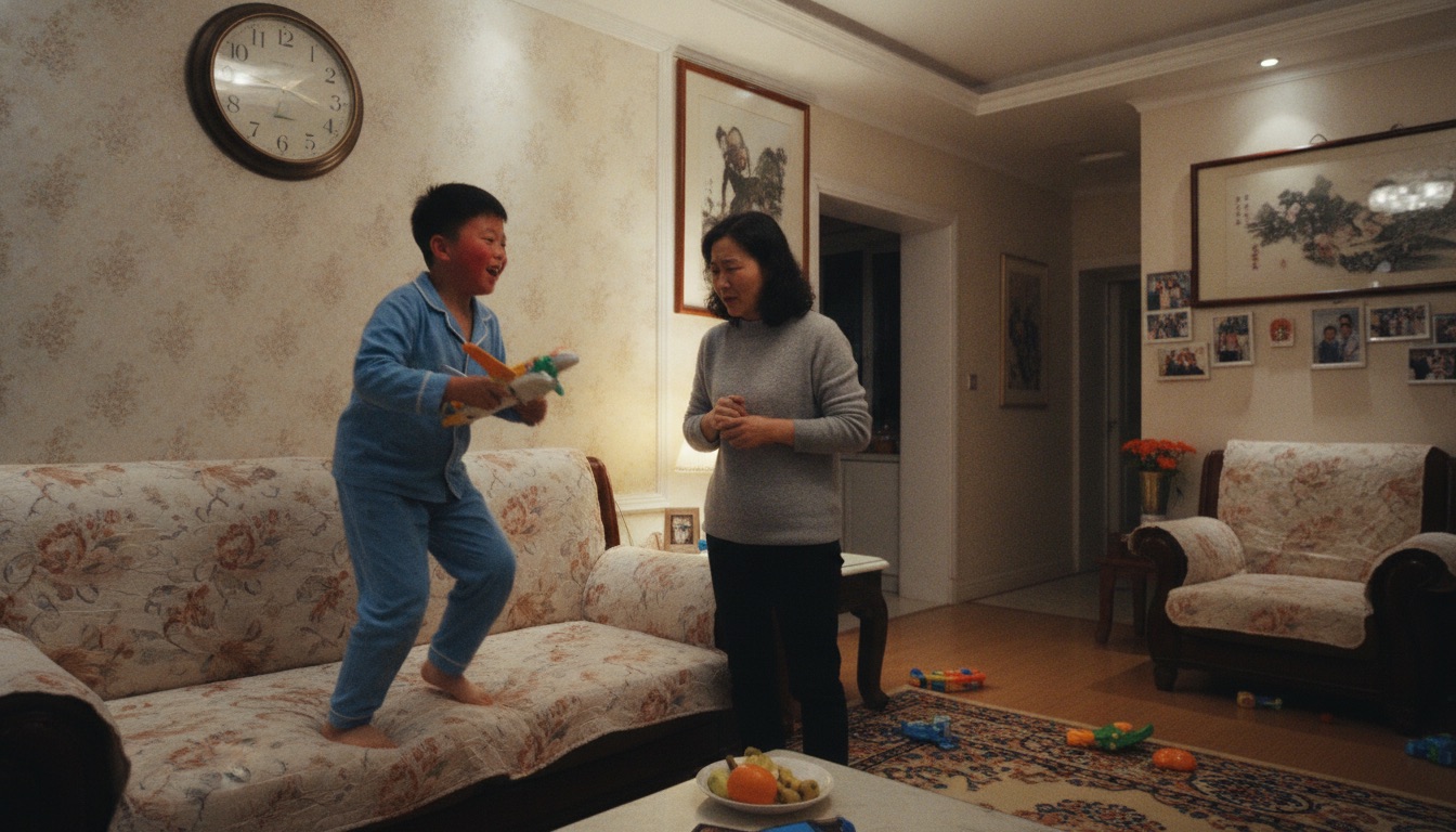 夜晚客厅孩子快十一点还在兴奋玩耍不肯睡妈妈在旁无奈