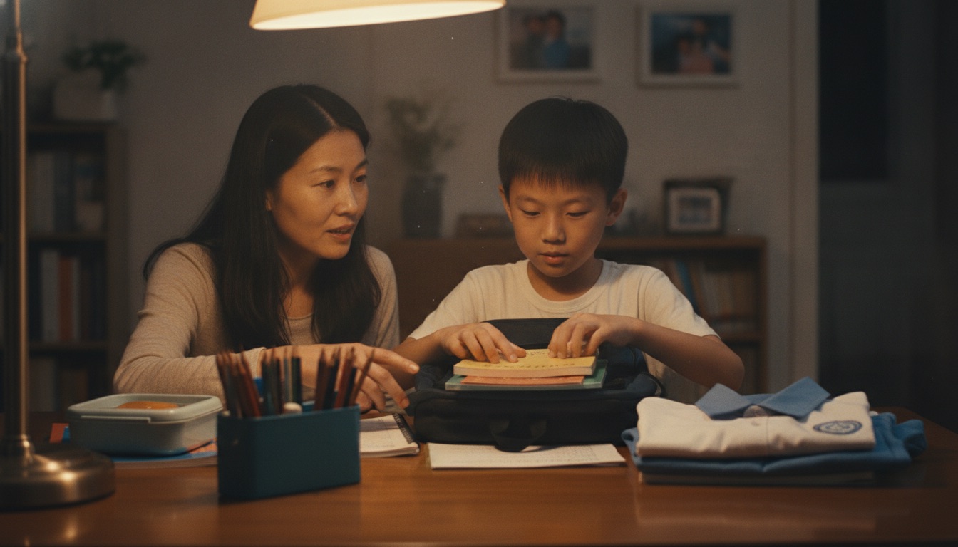 夜晚书桌前妈妈和孩子一起整理书包摆好文具校服准备开学