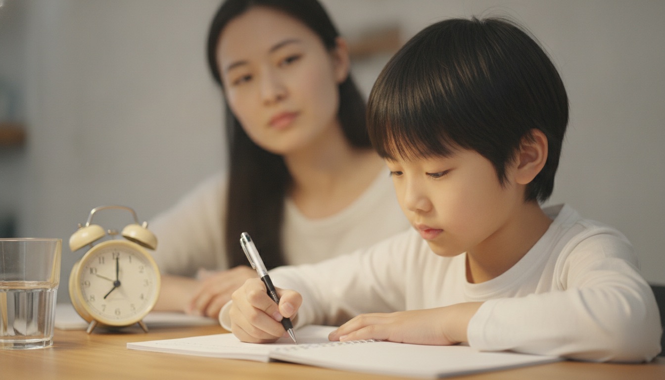 书桌上妈妈和孩子一起把作业分成几小块桌上放着小闹钟和水孩子表情轻松了