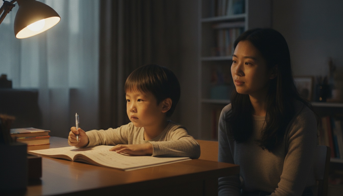 夜晚书桌前孩子握着笔盯着作业本发呆妈妈坐在旁边没有催促只是安静陪着台灯暖黄