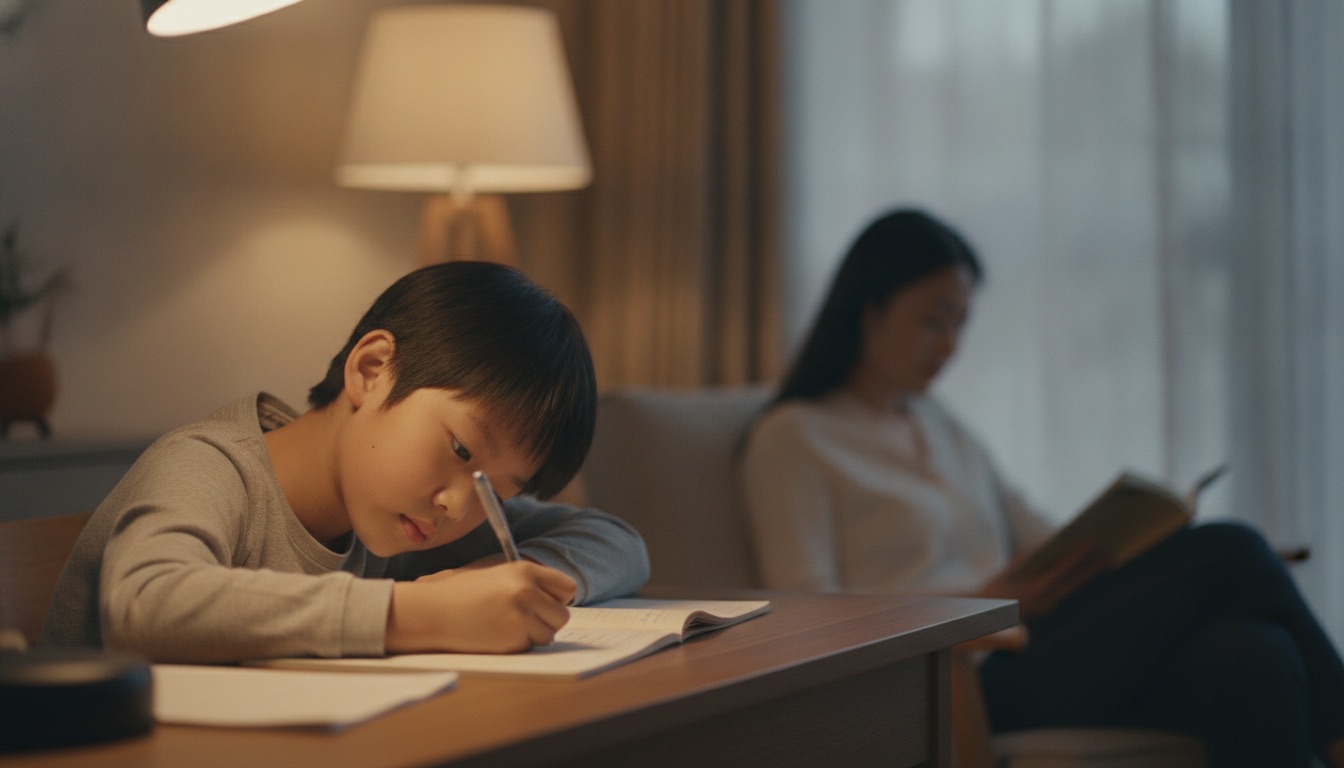 夜晚书桌前孩子安静低头写作业妈妈坐在稍远处看自己的书两人各做各的房间温馨