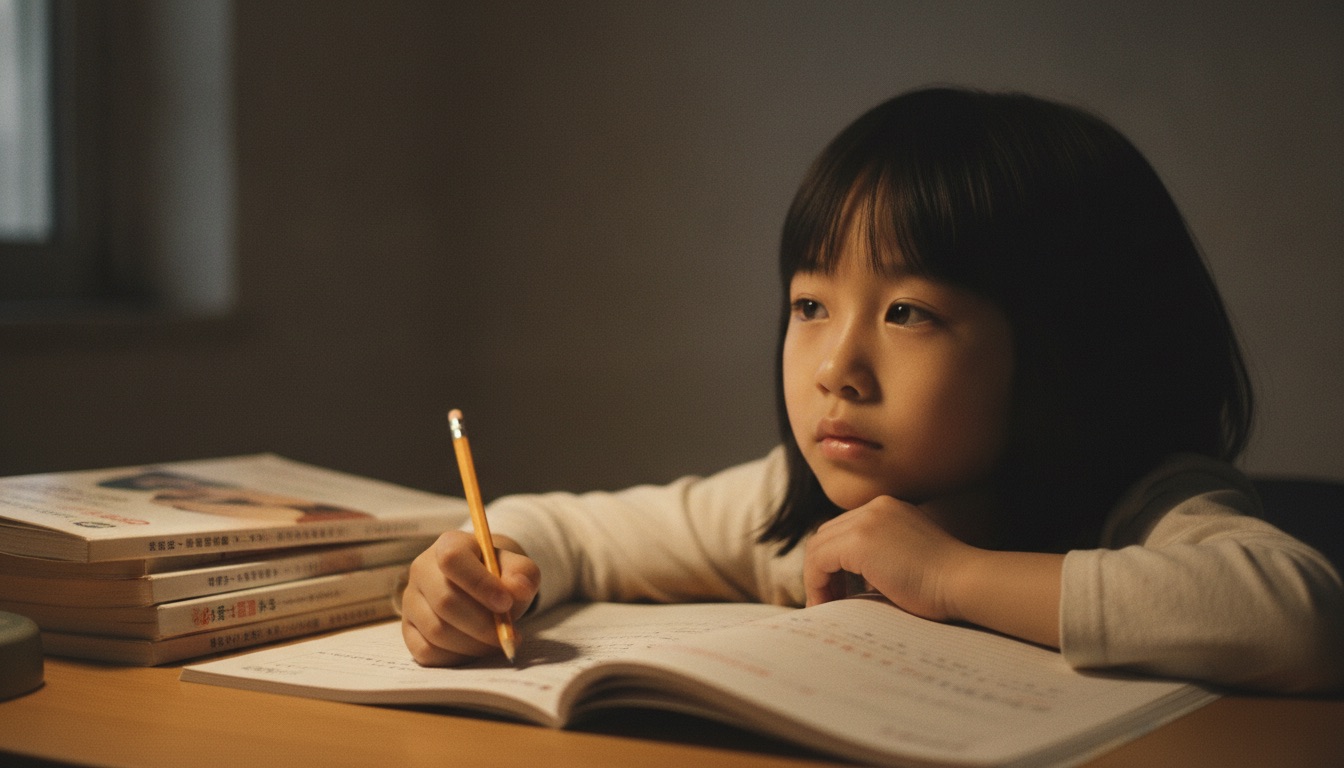 夜晚书桌前孩子握着笔盯着作业本发呆眼神飘忽笔尖悬在纸上没落下