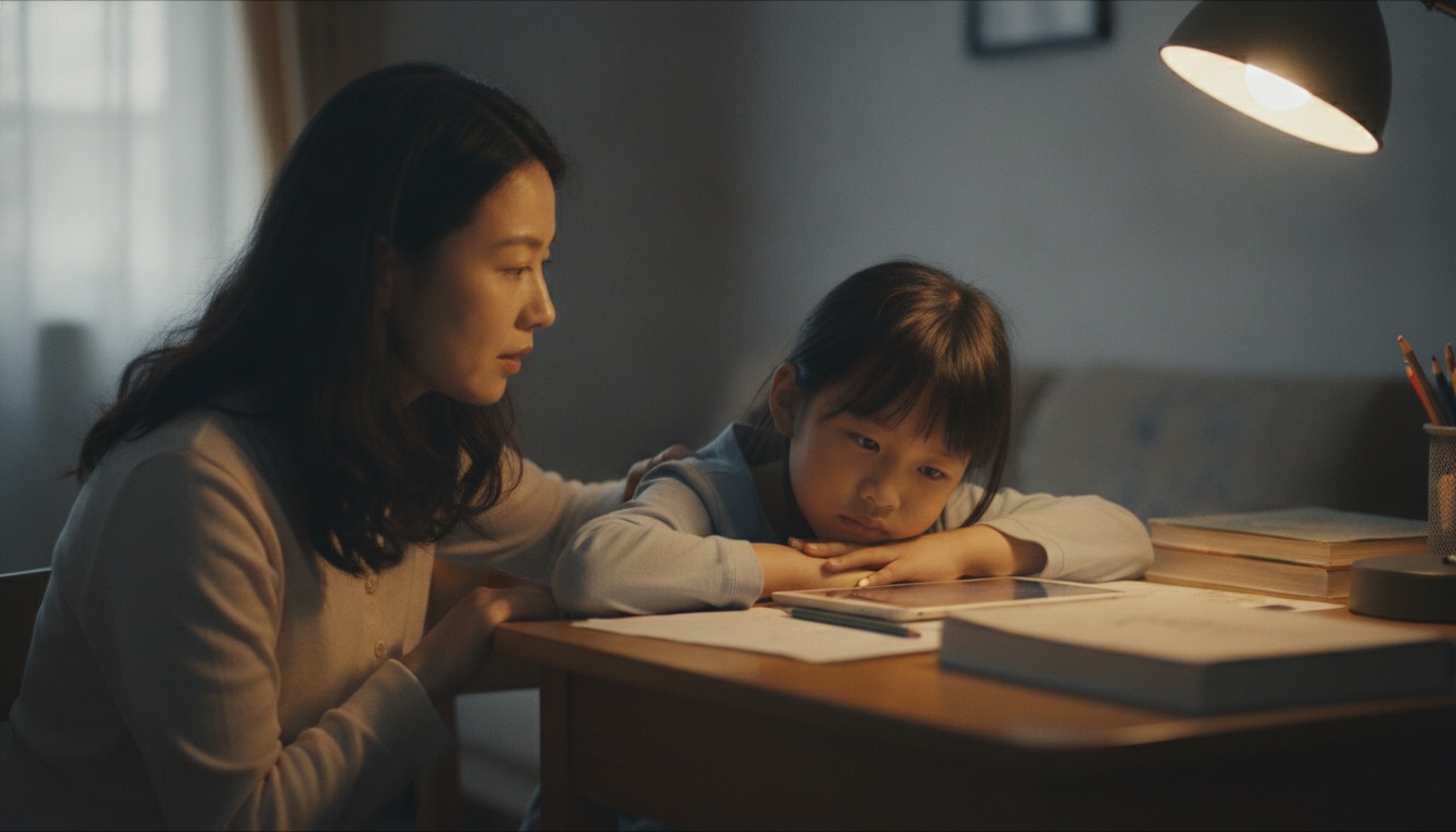 书桌旁妈妈蹲下身一只手搭在孩子后背上孩子微微耸肩神情疲惫妈妈心疼