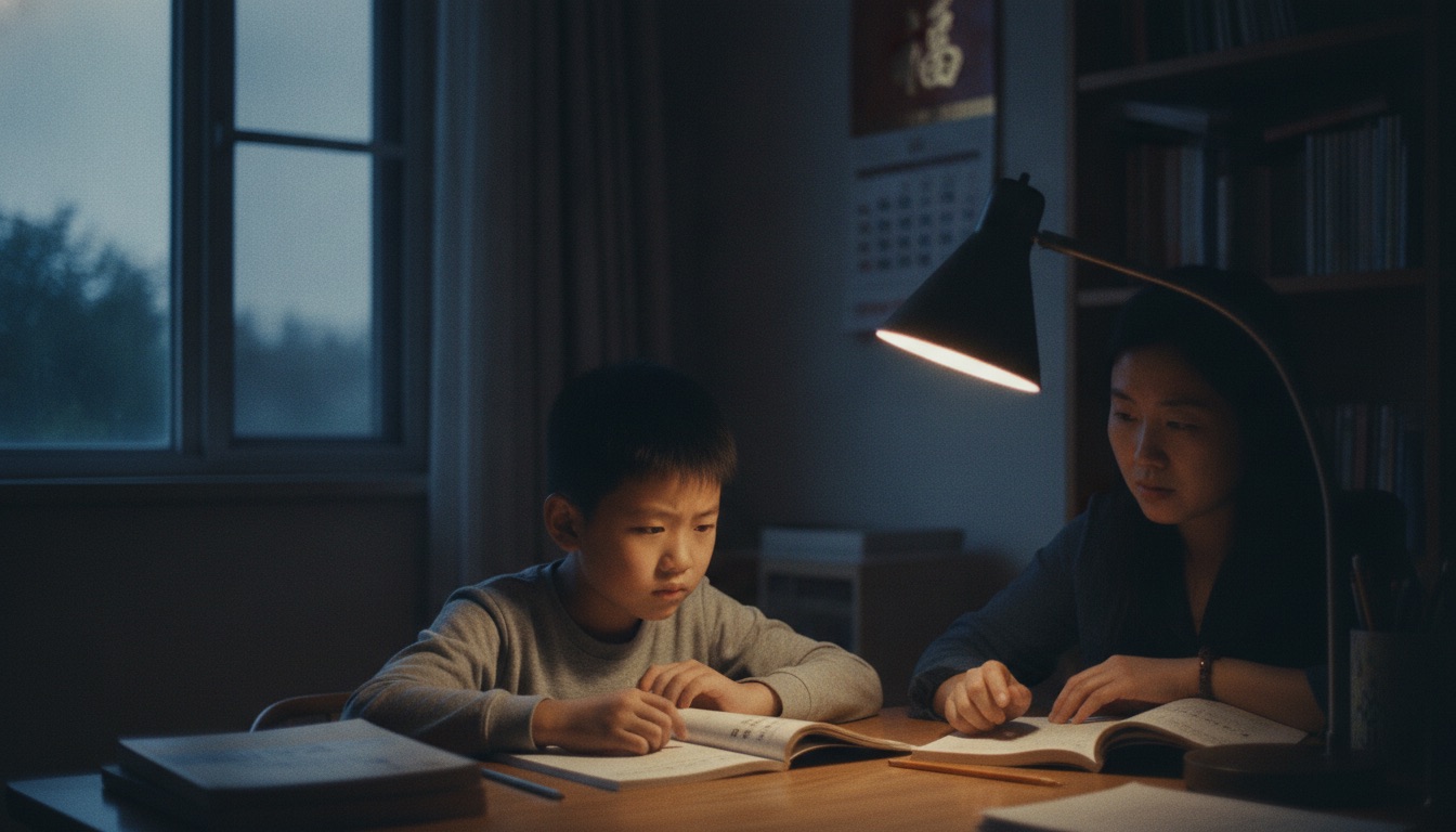 傍晚书桌前,小学男孩坐在作业本前皱着眉,台灯亮着,氛围紧绷