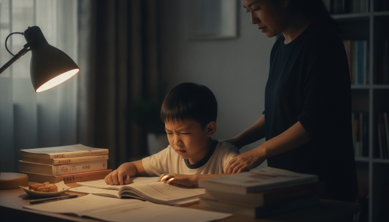 晚上书桌前男孩皱眉眨眼耸肩写作业妈妈在旁
