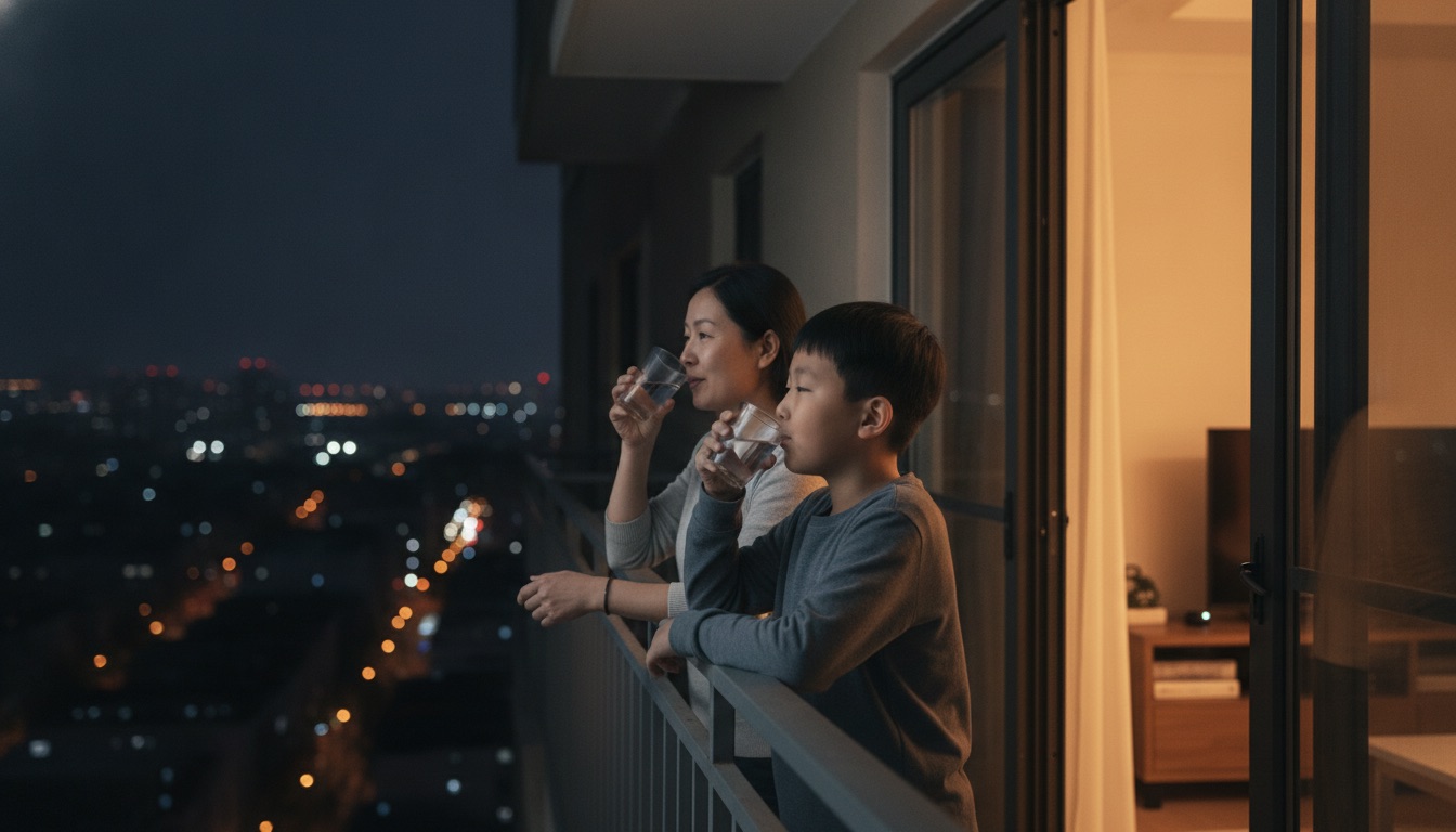 晚上阳台妈妈和男孩并肩喝水休息放松