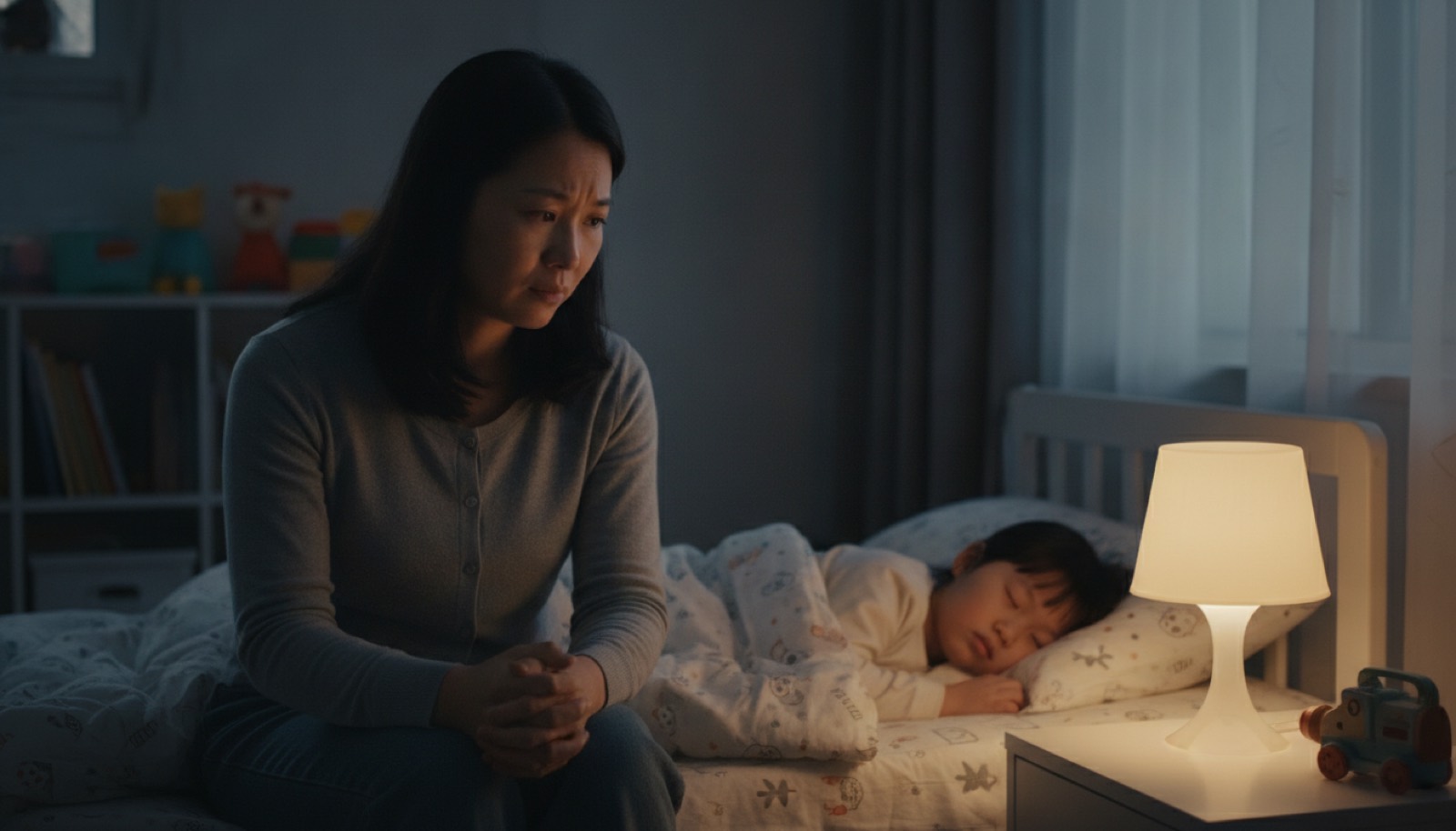夜晚妈妈坐在孩子床边看着熟睡的孩子神情里有心疼和自责,台灯柔和,氛围安静反思