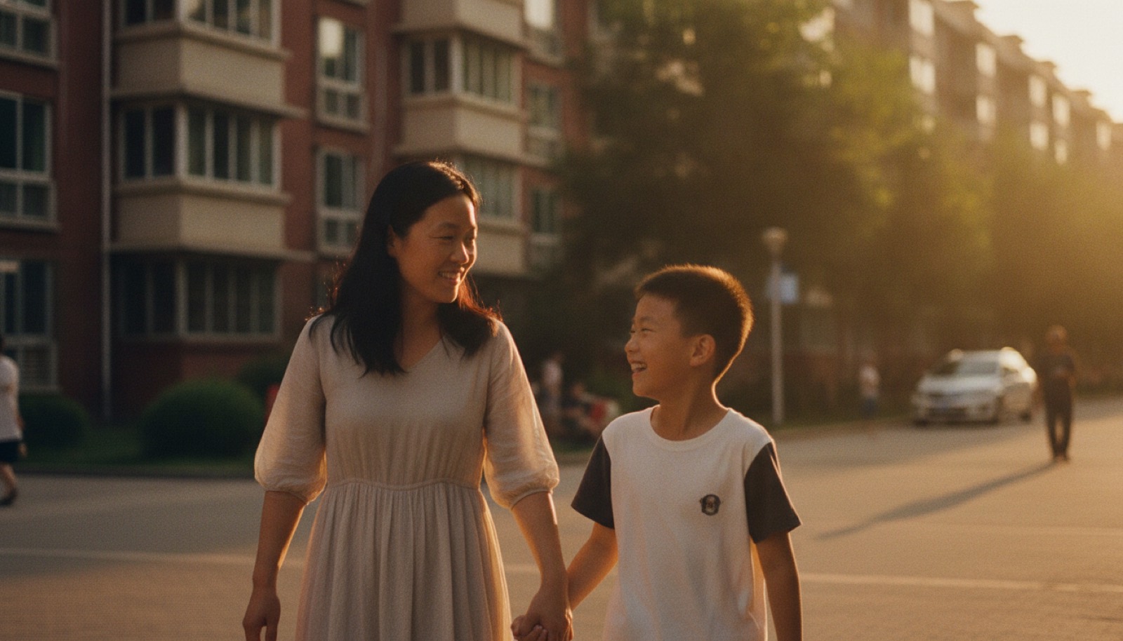 傍晚小区楼下妈妈和孩子并肩走有说有笑神情松弛