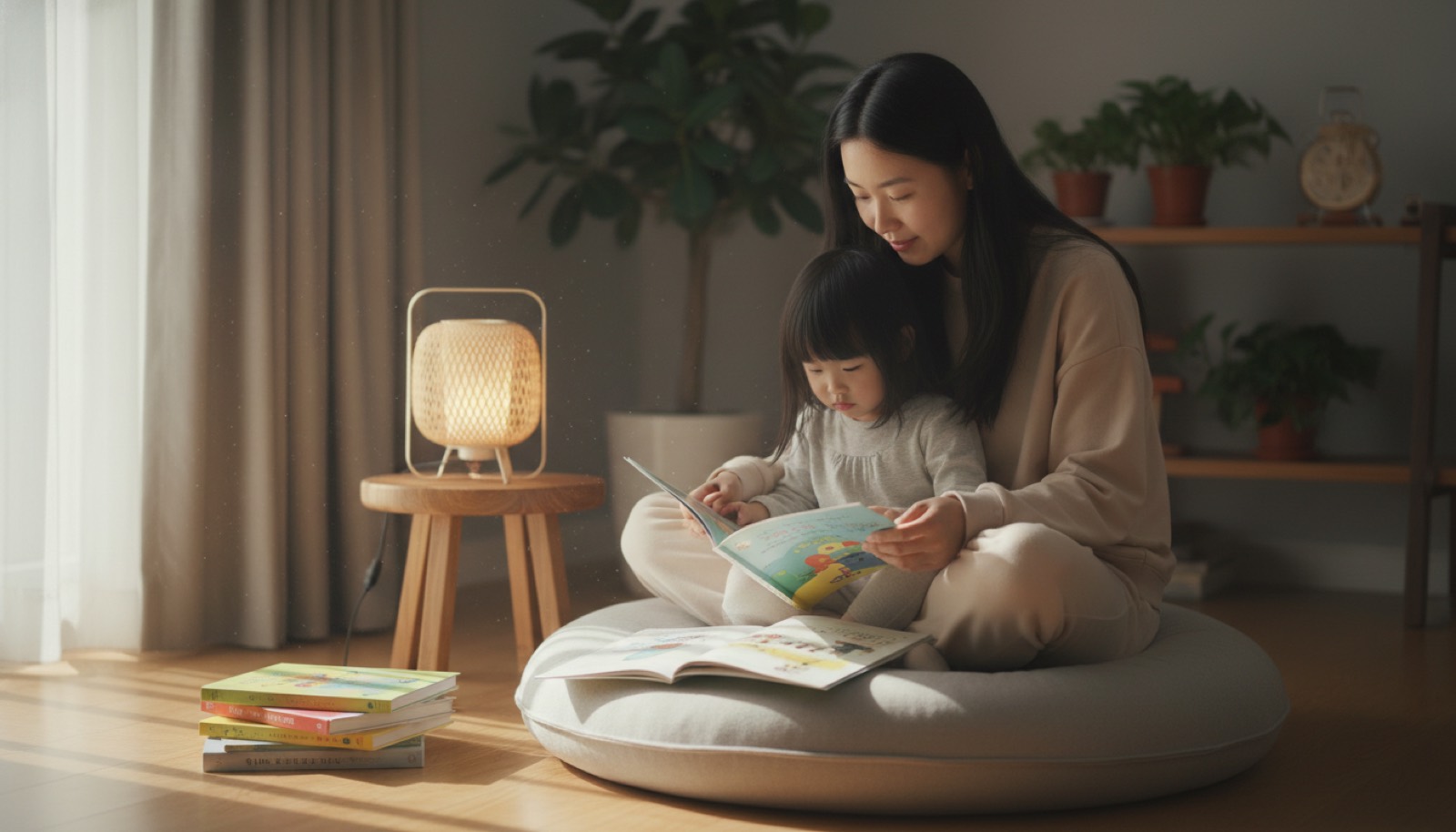 家里小角落一张坐垫一盏小灯几本绘本,自然光柔和,氛围安静私密