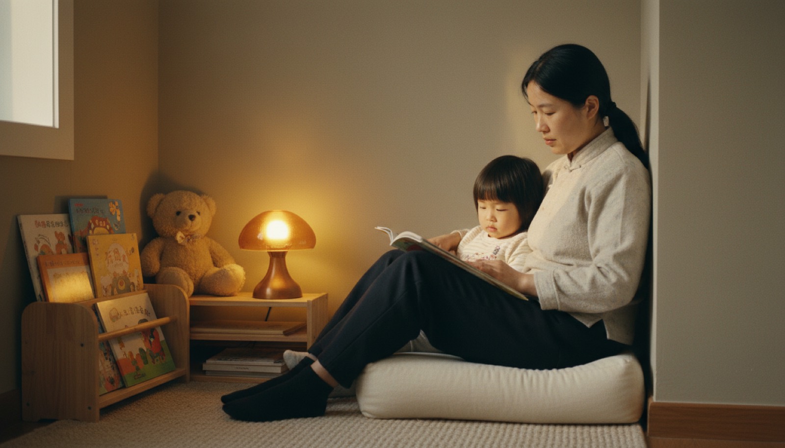 改造完的小角落坐垫小灯几本绘本和玩偶