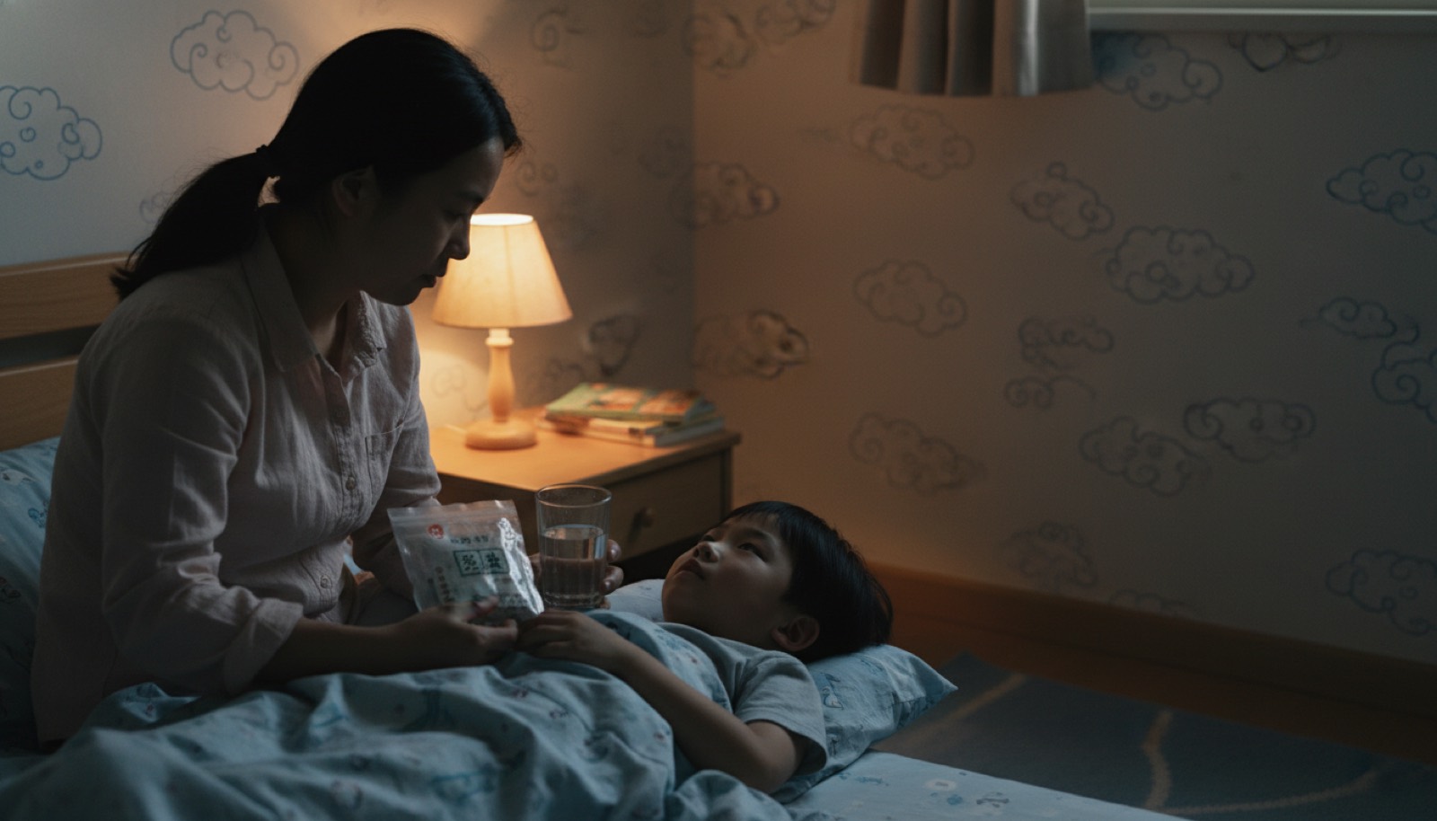 夜晚儿童卧室床边孩子抬头看坐床沿的妈妈