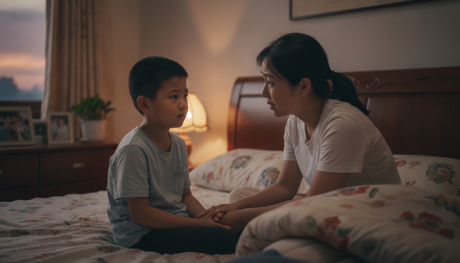傍晚卧室男孩坐床边怯怯抬头问妈妈神情担忧