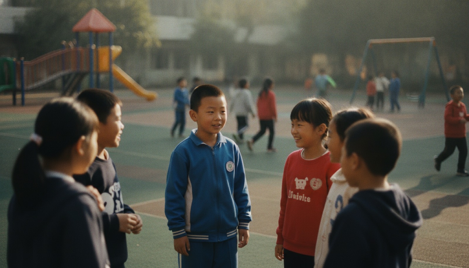 上午小学操场男孩和同学平静说话然后继续玩
