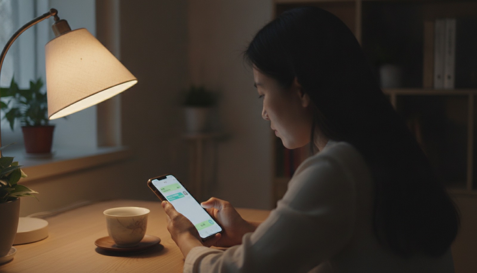 夜晚书桌前妈妈看手机给老师发微信神情认真