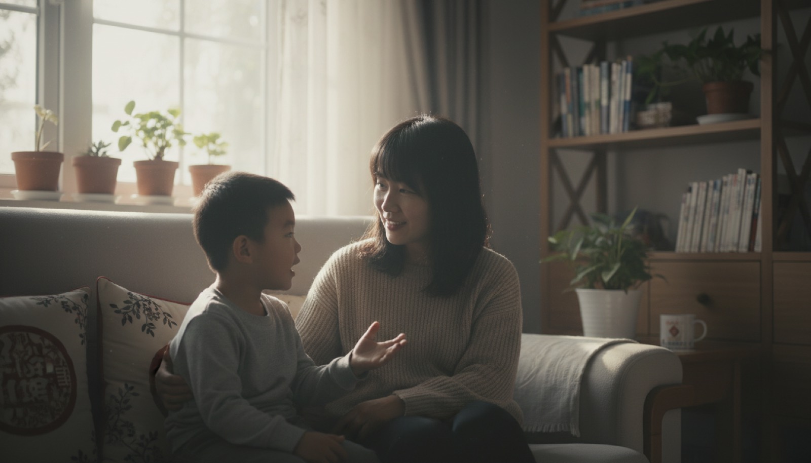 傍晚客厅妈妈和孩子并排坐在沙发上聊天,自然光,氛围温暖共在