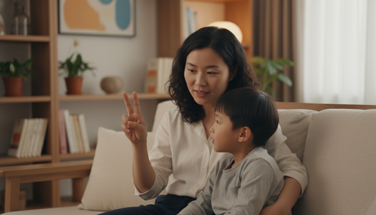 傍晚客厅妈妈用手指数三件事孩子坐旁边听