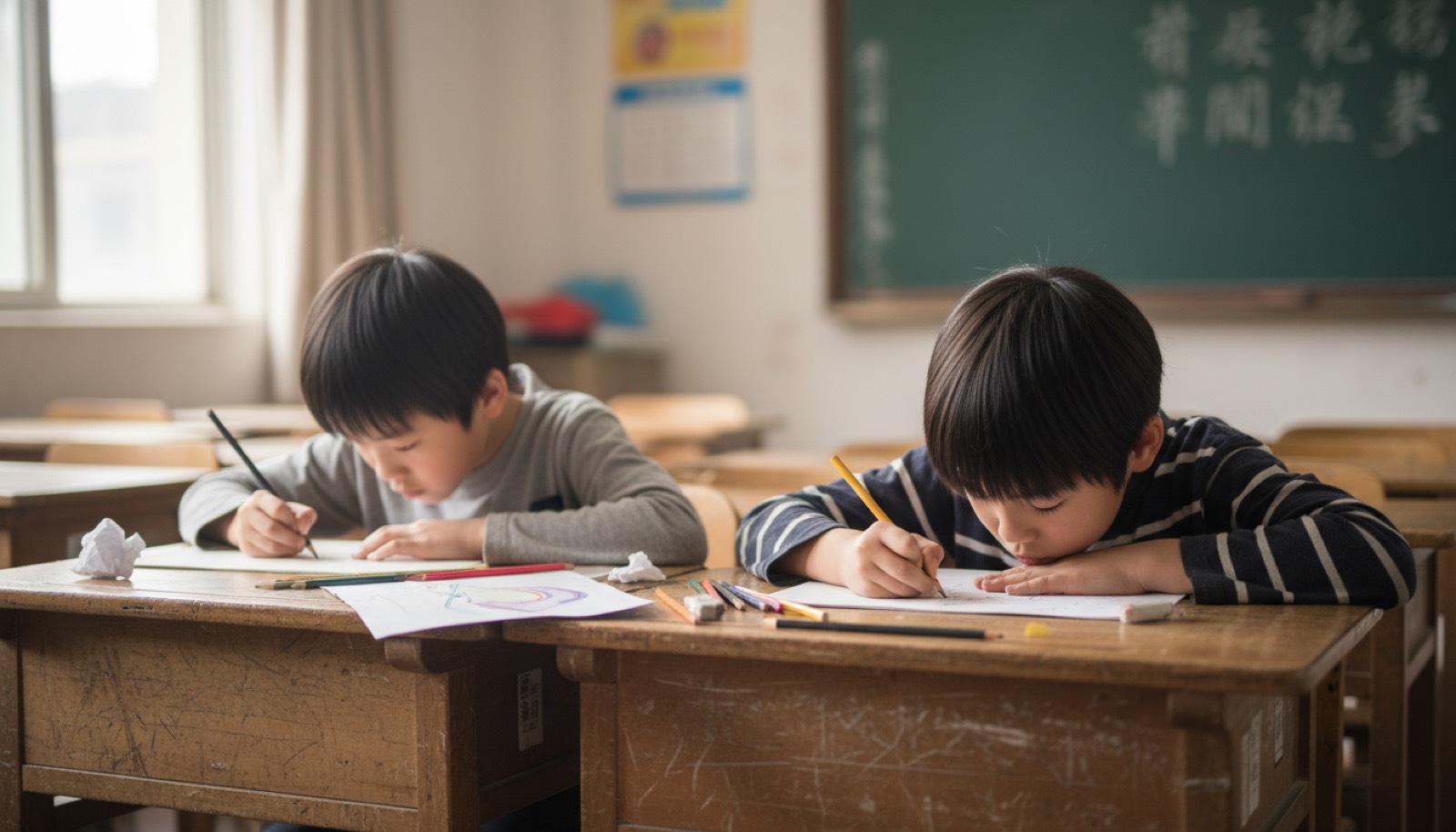 小学教室两个孩子坐课桌前低头各画各的