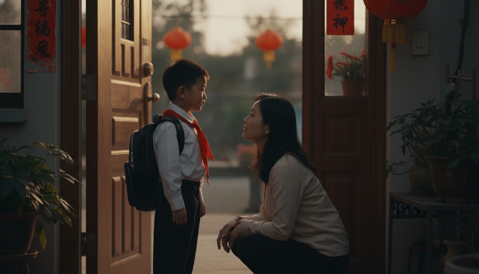 傍晚家门口孩子背着书包跟蹲下的妈妈说话