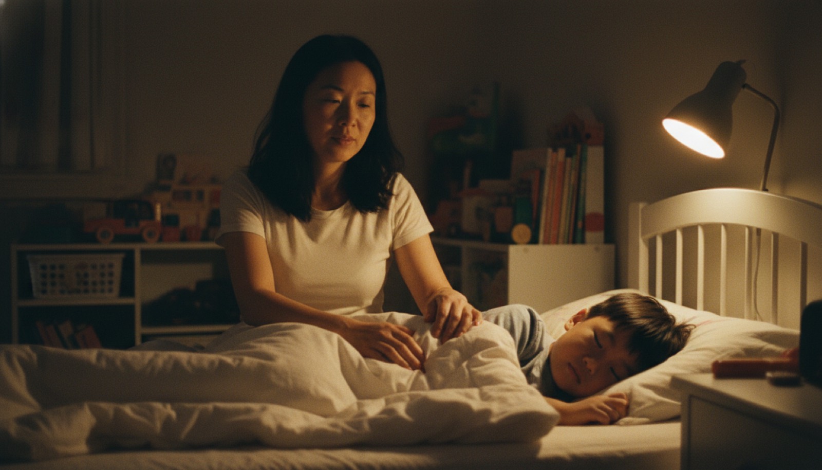 夜晚儿童卧室妈妈坐床沿孩子躺床上床头小灯